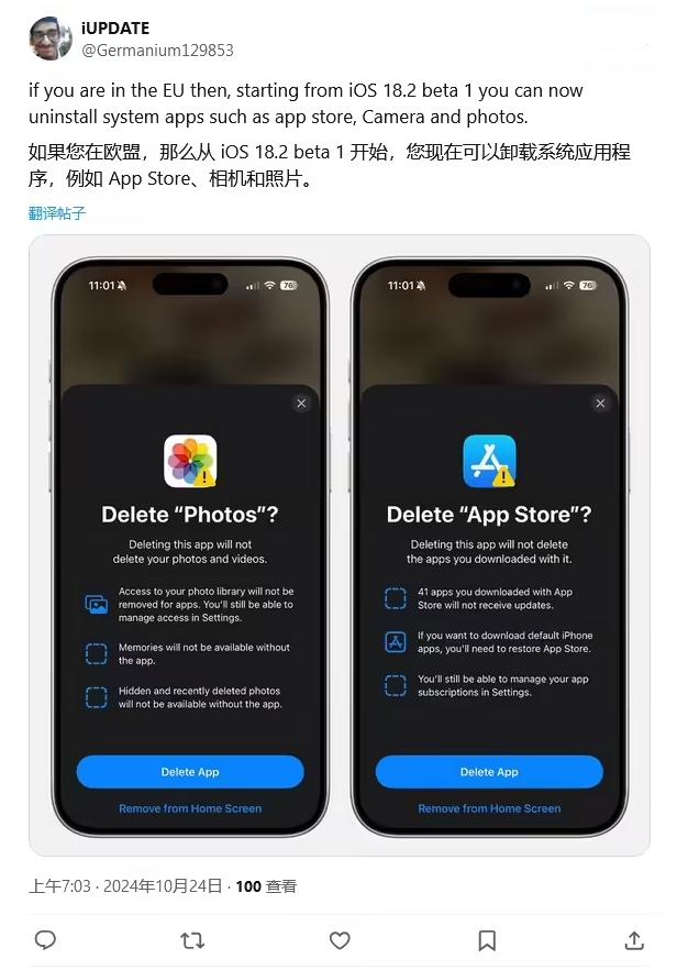 聊城苹果手机维修分享iOS 18.2 支持删除 App Store 应用商店 