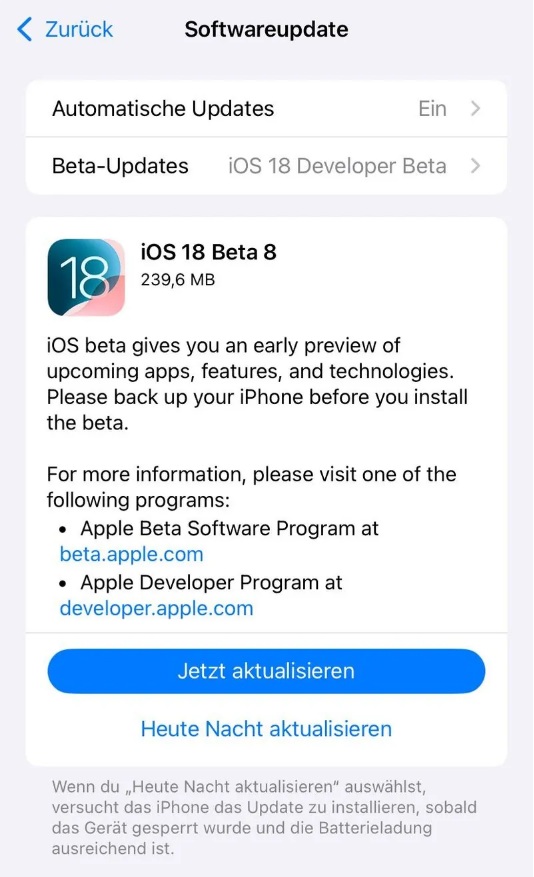 聊城苹果手机维修分享苹果 iOS / iPadOS 18 开发者预览版 Beta 8 发布 